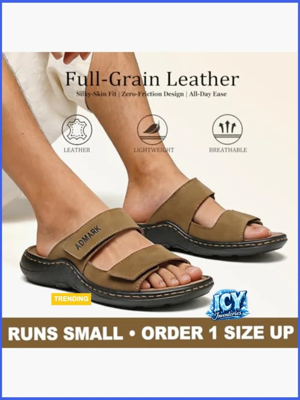 Men's Full-Grain Leather Slide Sandals, Arch Support Memory Foam, Adjustable